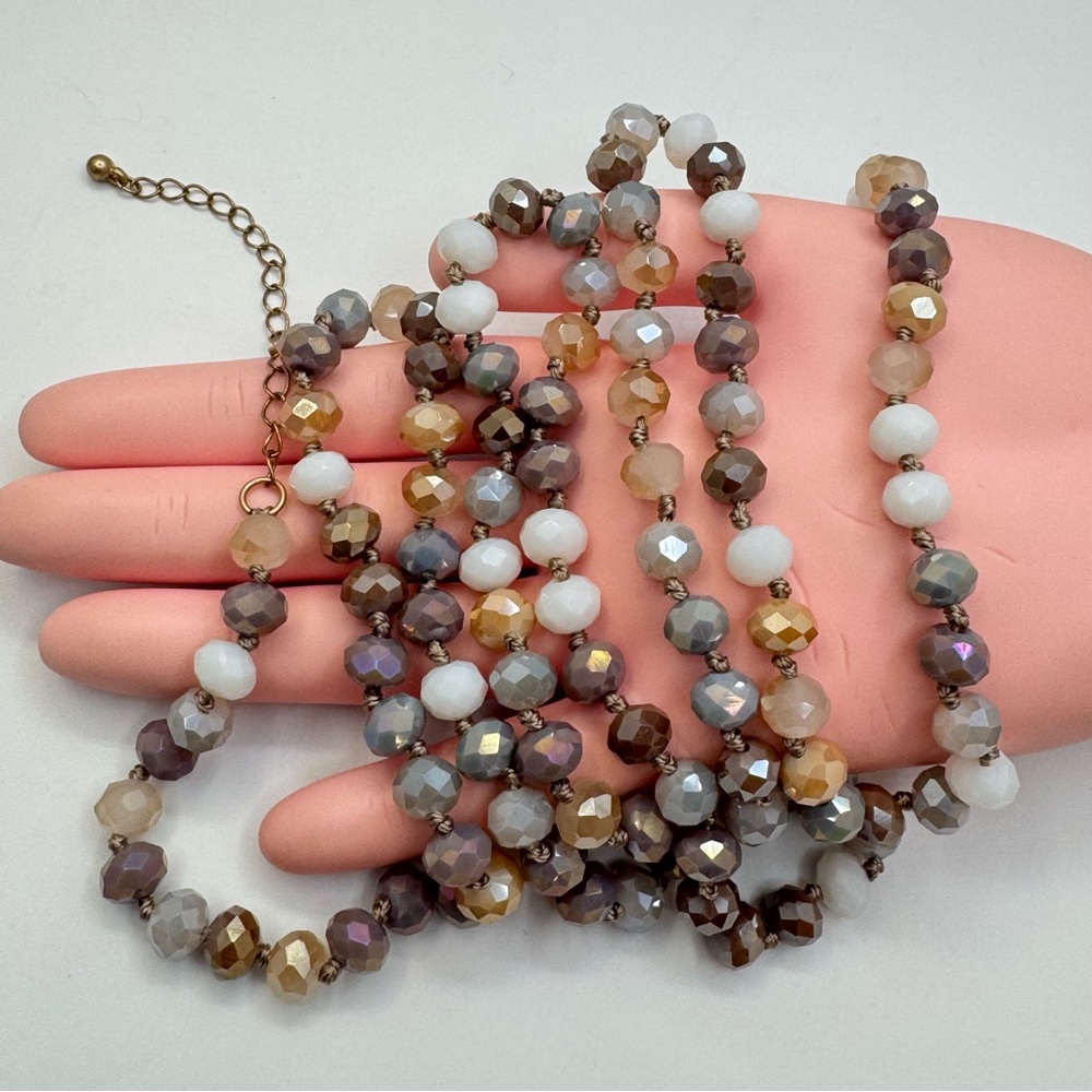 Faceted Glass Bead Necklace Neutral Tones Hand Knotted View 4